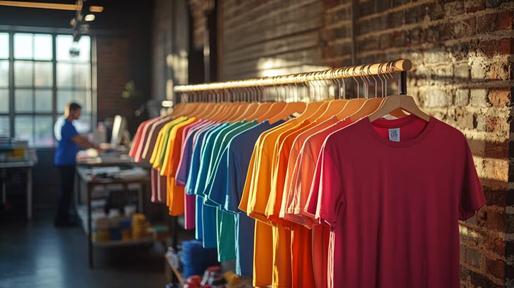 stojak z różnokolorowymi t-shirtami na wieszakach